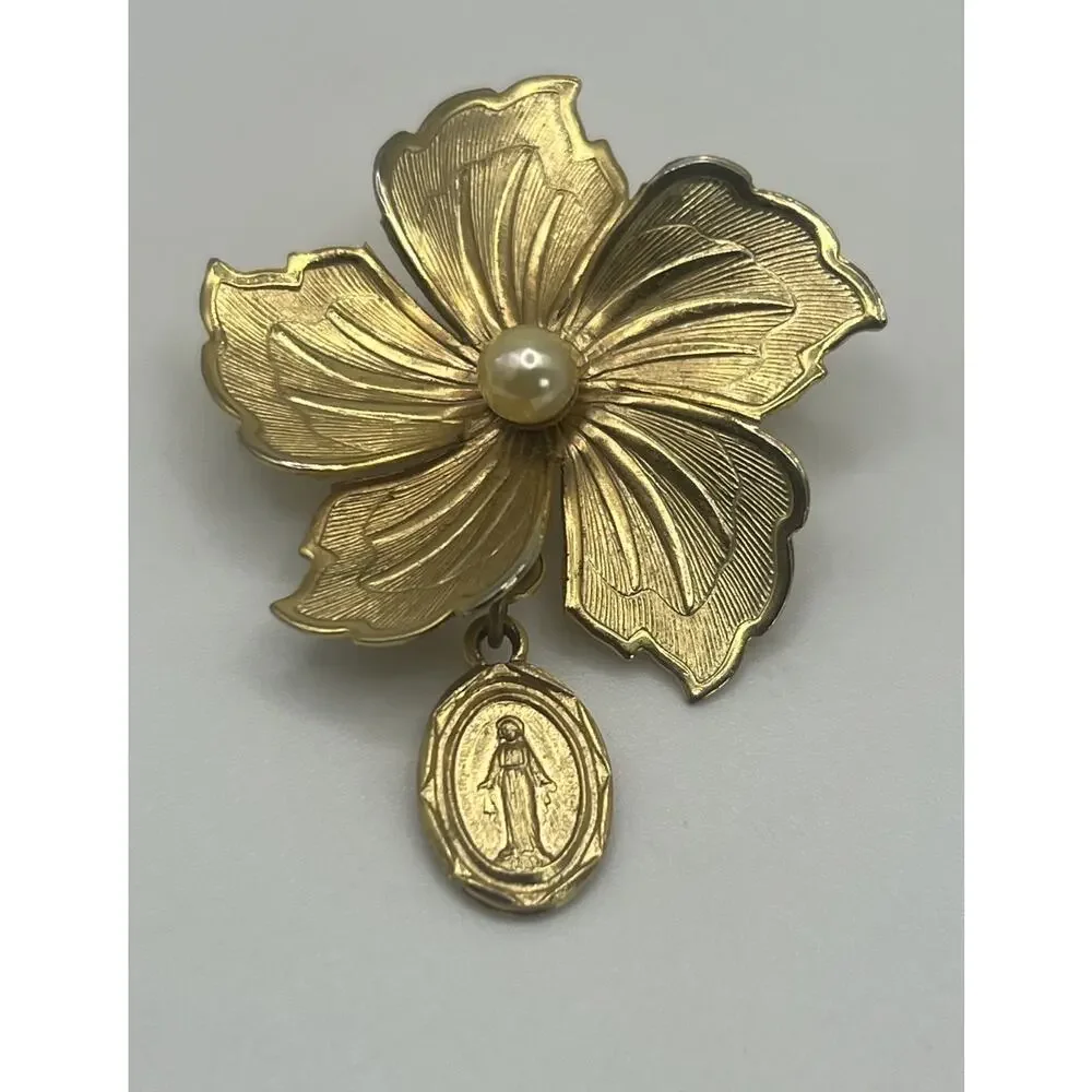 Vintage Textured Gold Tone Flower Faux Pearl & Miraculous Medal Charm Brooch